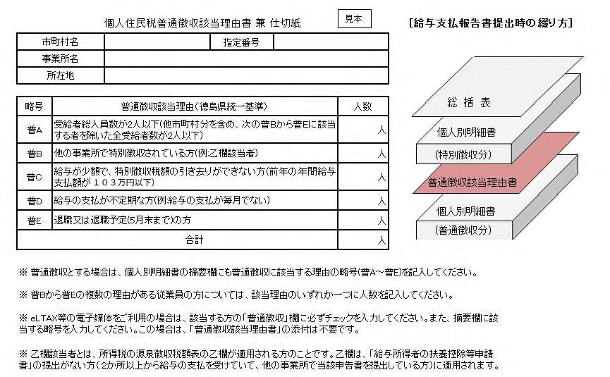 個人住民税普通徴収該当理由書兼仕切紙　見本