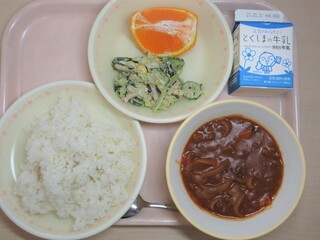 ハヤシライス ひじきとコーンのサラダ デコポン 牛乳